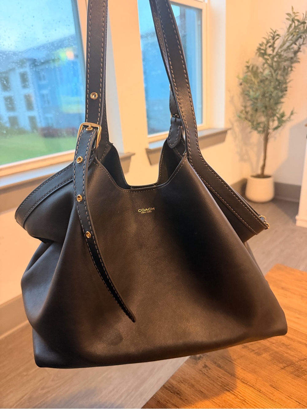 Coach Black Leather Shoulder Tote with Gold Accent